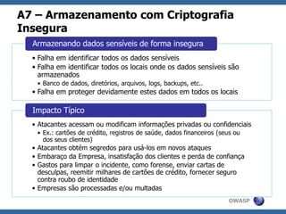 OWASP
A7 – Armazenamento com Criptografia
Insegura
• Falha em identificar todos os dados sensíveis
• Falha em identificar todos os locais onde os dados sensíveis são
armazenados
• Banco de dados, diretórios, arquivos, logs, backups, etc..
• Falha em proteger devidamente estes dados em todos os locais
Armazenando dados sensíveis de forma insegura
• Atacantes acessam ou modificam informações privadas ou confidenciais
• Ex.: cartões de crédito, registros de saúde, dados financeiros (seus ou
dos seus clientes)
• Atacantes obtém segredos para usá-los em novos ataques
• Embaraço da Empresa, insatisfação dos clientes e perda de confiança
• Gastos para limpar o incidente, como forense, enviar cartas de
desculpas, reemitir milhares de cartões de crédito, fornecer seguro
contra roubo de identidade
• Empresas são processadas e/ou multadas
Impacto Típico
 