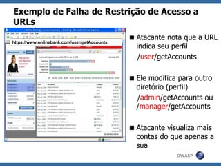 OWASP
Exemplo de Falha de Restrição de Acesso a
URLs
Atacante nota que a URL
indica seu perfil
/user/getAccounts
Ele modifica para outro
diretório (perfil)
/admin/getAccounts ou
/manager/getAccounts
Atacante visualiza mais
contas do que apenas a
sua
https://www.onlinebank.com/user/getAccountshttps://www.onlinebank.com/user/getAccounts
 
