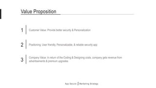 Value Proposition
1 Customer Value: Provide better security & Personalization
2 Positioning: User friendly, Personalizable, & reliable security app
3
Company Value: In return of the Coding & Designing costs, company gets revenue from
advertisements & premium upgrades
App Secure Marketing Strategy
 