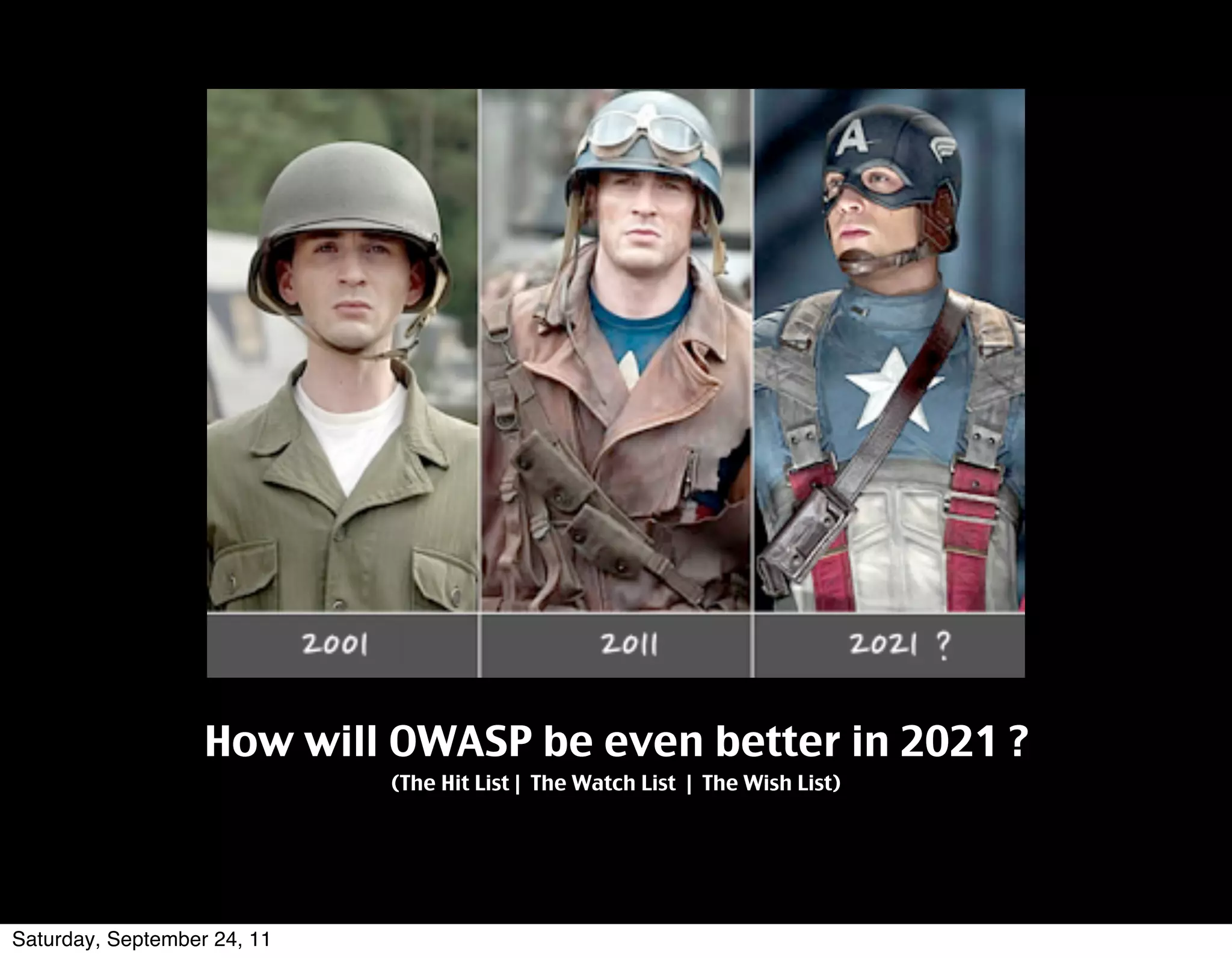 How will OWASP be even better in 2021 ?
                             (The Hit List | The Watch List | The Wish List)




Saturday, September 24, 11
 