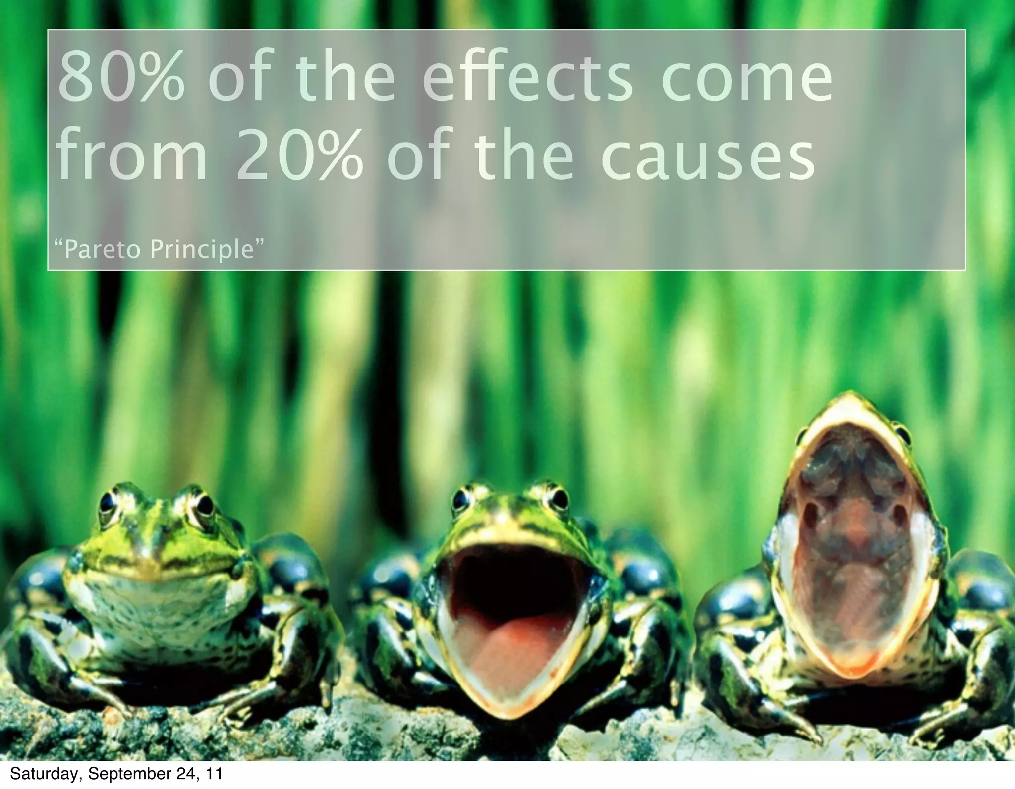 80% of the effects come
     from 20% of the causes
     “Pareto Principle”




Saturday, September 24, 11
 