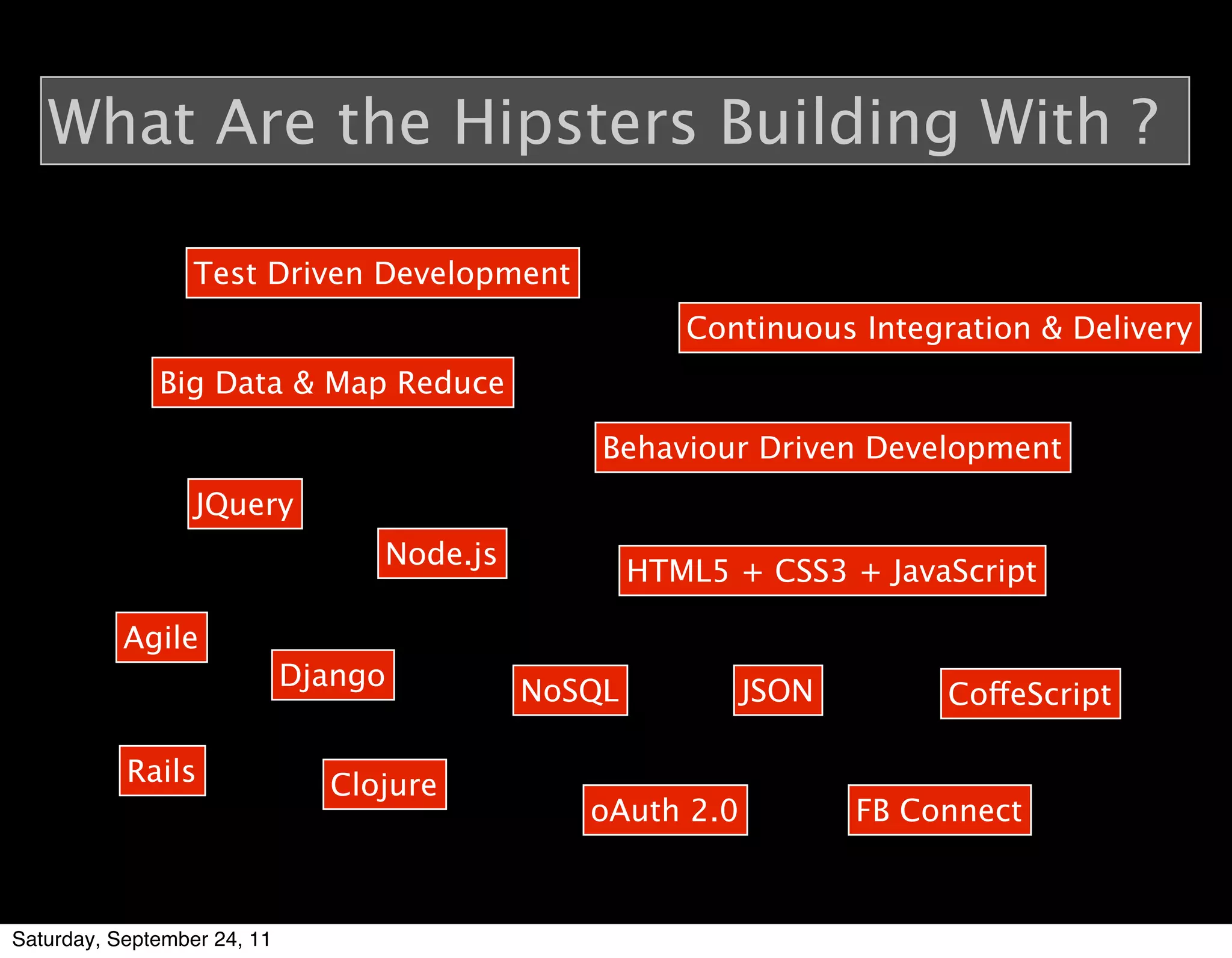 What Are the Hipsters Building With ?

                  Test Driven Development
                                                       Continuous Integration & Delivery
              Big Data & Map Reduce

                                                Behaviour Driven Development
                  JQuery
                                  Node.js
                                                    HTML5 + CSS3 + JavaScript

           Agile
                             Django         NoSQL          JSON         CoffeScript

           Rails               Clojure
                                               oAuth 2.0          FB Connect



Saturday, September 24, 11
 