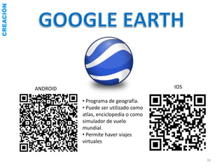 CREACIÓN




           ANDROID                                IOS

                     • Programa de geografía.
                     • Puede ser utilizado como
                     atlas, enciclopedia o como
                     simulador de vuelo
                     mundial.
                     • Permite haver viajes
                     virtuales


                                                        76
 
