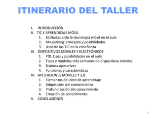 ITINERARIO DEL TALLER
  I. INTRODUCCIÓN
  II. TIC Y APRENDIZAJE MÓVIL
       1. Actitudes ante la tecnología móvil en el aula
       2. M-Learning: concepto y posibilidades
       3. Usos de las TIC en la enseñanza
  III. DISPOSITIVOS MÓVILES Y ELECTRÓNICOS
       1. PDI. Usos y posibilidades en el aula
       2. Tipos y modelos más comunes de dispositivos móviles
       3. Sistema operativos
       4. Funciones y características
  IV. APLICACIONES MÓVILES Y 2.0
       1. Elementos del ciclo de aprendizaje
       2. Adquisición del conocimiento
       3. Profundización del conocimiento
       4. Creación de conocimiento
  V. CONCLUSIONES


                                                                8
 