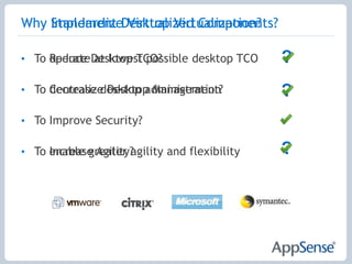 Why Implement Desktop Virtualization?To Reduce Desktop TCO?To Centralize Desktop Management?To Improve Security?To Increase Agility?Why Standardize Virtualized Components??To operate at lowest possible desktop TCO