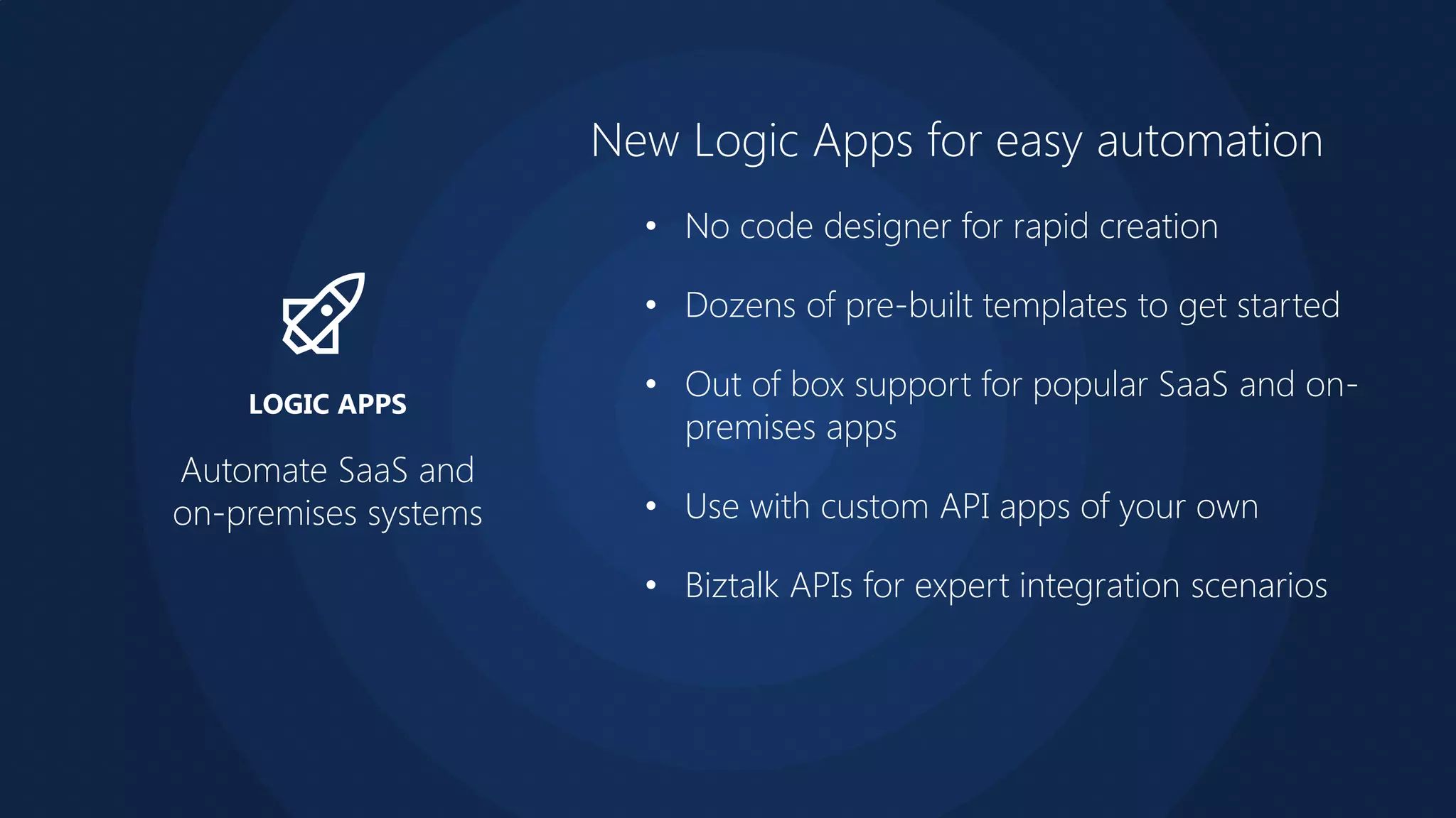 New Logic Apps for easy automation
• No code designer for rapid creation
• Dozens of pre-built templates to get started
• Out of box support for popular SaaS and on-
premises apps
• Use with custom API apps of your own
• Biztalk APIs for expert integration scenarios
Automate SaaS and
on-premises systems
LOGIC APPS
 
