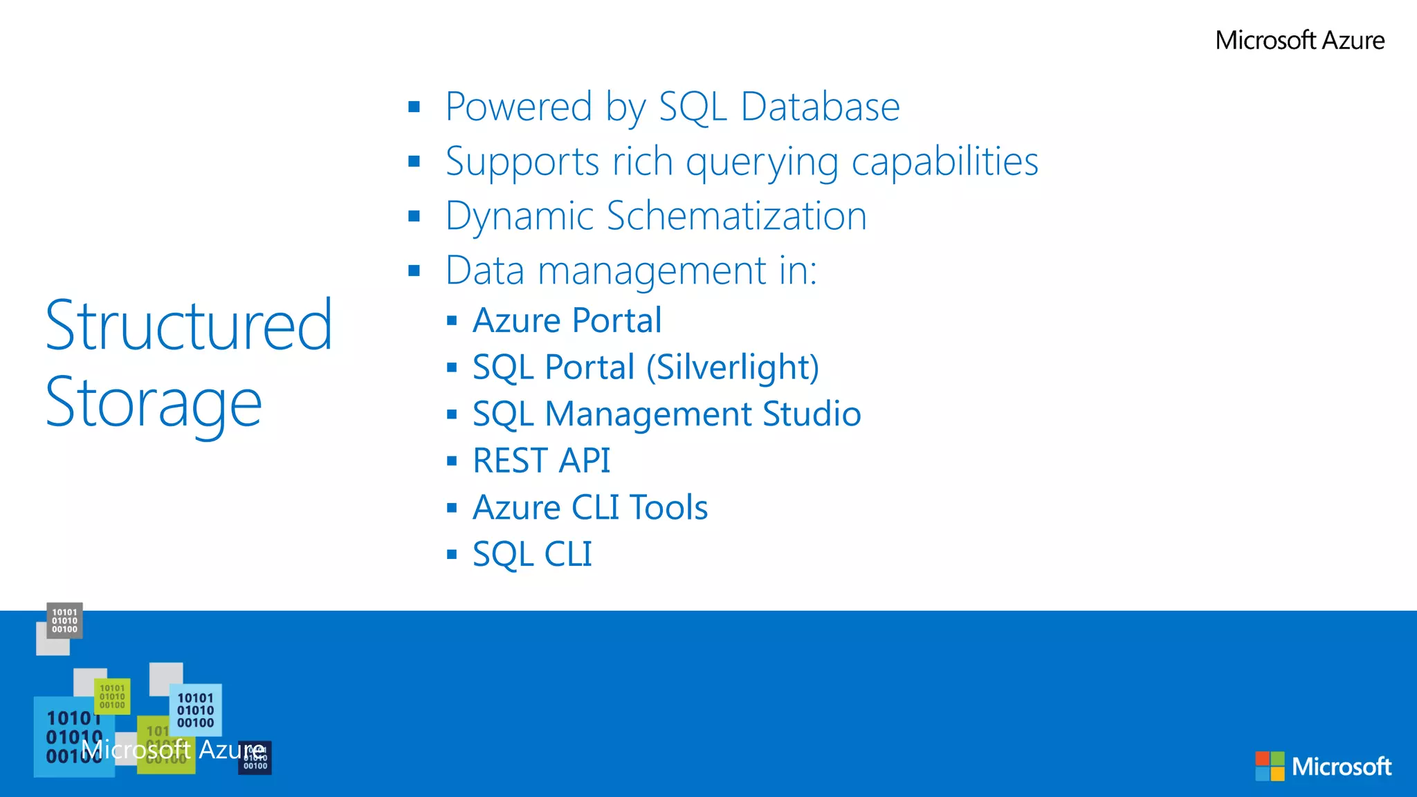 Structured
Storage
 Powered by SQL Database
 Supports rich querying capabilities
 Dynamic Schematization
 Data management in:
 Azure Portal
 SQL Portal (Silverlight)
 SQL Management Studio
 REST API
 Azure CLI Tools
 SQL CLI
Microsoft Azure
 
