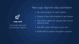 New Logic Apps for easy automation
• No code designer for rapid creation
• Dozens of pre-built templates to get started
• Out of box support for popular SaaS and on-
premises apps
• Use with custom API apps of your own
• Biztalk APIs for expert integration scenarios
Automate SaaS and
on-premises systems
LOGIC APPS
 
