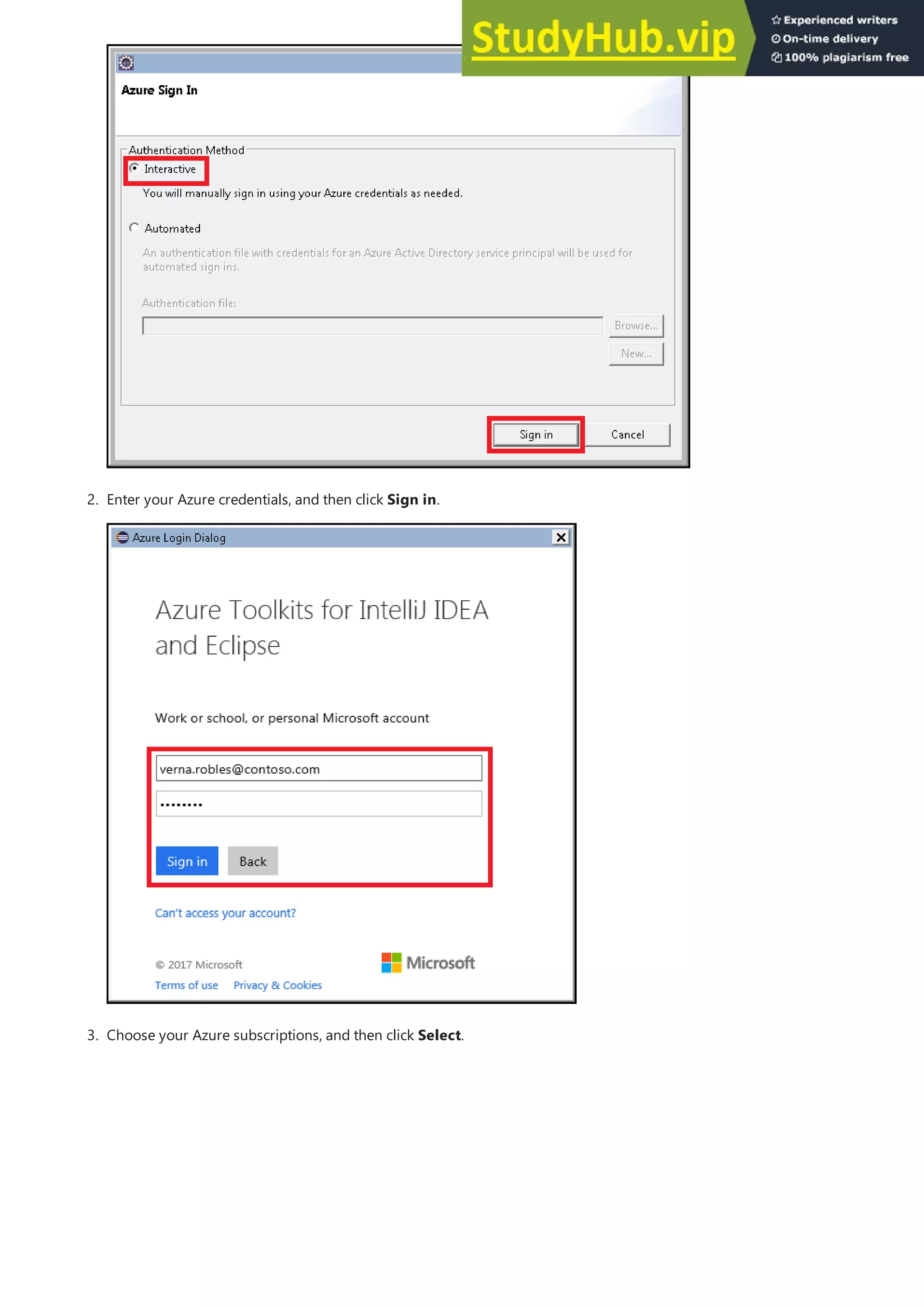 2. Enter your Azure credentials, and then click Sign in.
3. Choose your Azure subscriptions, and then click Select.
 