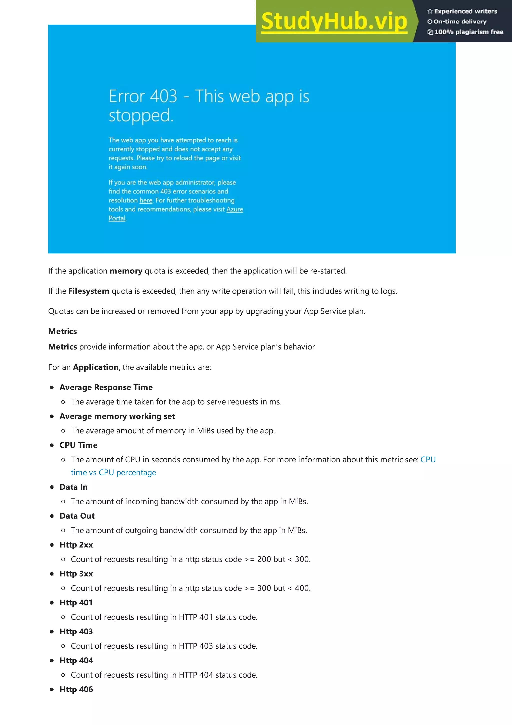 Metrics
Metrics
If the application memory quota is exceeded, then the application will be re-started.
If the Filesystem quota is exceeded, then any write operation will fail, this includes writing to logs.
Quotas can be increased or removed from your app by upgrading your App Service plan.
Metrics provide information about the app, or App Service plan's behavior.
For an Application, the available metrics are:
Average Response Time
Average memory working set
CPU Time
Data In
Data Out
Http 2xx
Http 3xx
Http 401
Http 403
Http 404
Http 406
The average time taken for the app to serve requests in ms.
The average amount of memory in MiBs used by the app.
The amount of CPU in seconds consumed by the app. For more information about this metric see: CPU
time vs CPU percentage
The amount of incoming bandwidth consumed by the app in MiBs.
The amount of outgoing bandwidth consumed by the app in MiBs.
Count of requests resulting in a http status code >= 200 but < 300.
Count of requests resulting in a http status code >= 300 but < 400.
Count of requests resulting in HTTP 401 status code.
Count of requests resulting in HTTP 403 status code.
Count of requests resulting in HTTP 404 status code.
 