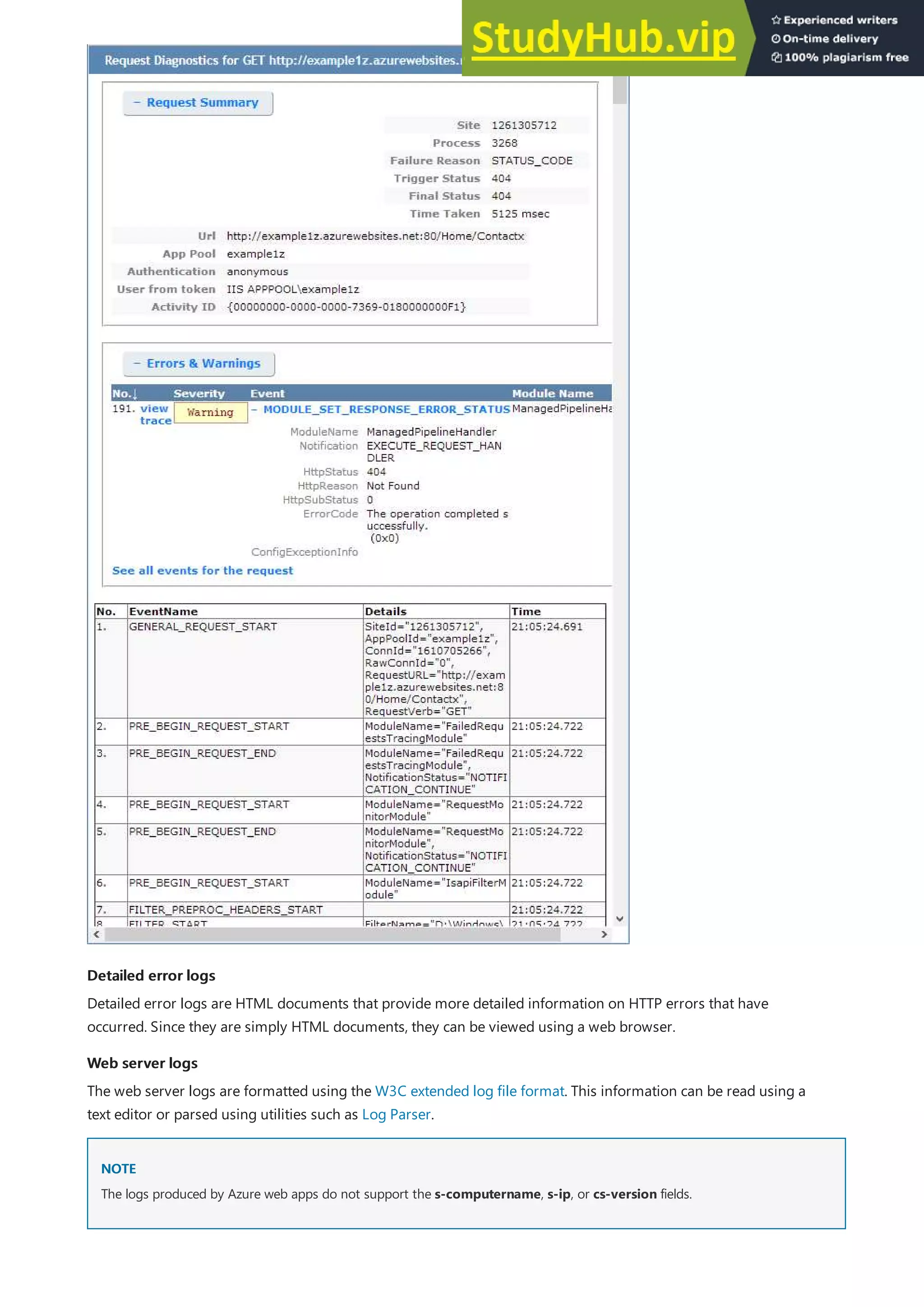 Detailed error logs
Detailed error logs
Web server logs
Web server logs
NOTE
NOTE
Detailed error logs are HTML documents that provide more detailed information on HTTP errors that have
occurred. Since they are simply HTML documents, they can be viewed using a web browser.
The web server logs are formatted using the W3C extended log file format. This information can be read using a
text editor or parsed using utilities such as Log Parser.
The logs produced by Azure web apps do not support the s-computername, s-ip, or cs-version fields.
 