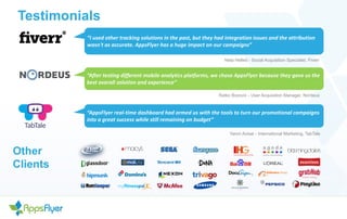 Testimonials
“I used other tracking solutions in the past, but they had integration issues and the attribution
wasn't as accurate. AppsFlyer has a huge impact on our campaigns”
Neta Helled - Social Acquisition Specialist, Fiverr
“After testing different mobile analytics platforms, we chose AppsFlyer because they gave us the
best overall solution and experience”
Ratko Bozovic - User Acquisition Manager, Nordeus
“AppsFlyer real-time dashboard had armed us with the tools to turn our promotional campaigns
into a great success while still remaining on budget”
Yaron Avisar - International Marketing, TabTale
Other
Clients
 