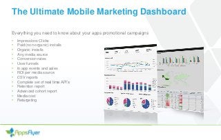 The Ultimate Mobile Marketing Dashboard
Everything you need to know about your apps promotional campaigns
• Impressions Clicks
• Paid (non-organic) installs
• Organic installs
• Any media source
• Conversion rates
• User funnels
• In app events and sales
• ROI per media source
• CSV reports
• Complete set of real time API’s
• Retention report
• Advanced cohort report
• Media cost
• Retargeting
 