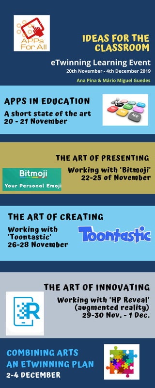 IDEAS FOR THE
CLASSROOM
A short state of the art
20 - 21 November
APPS IN EDUCATION
Working with 'Bitmoji'
22-25 of November
THE ART OF PRESENTING
Working with
'Toontastic'
26-28 November
THE ART OF CREATING
Working with 'HP Reveal'
(augmented reality)
29-30 Nov. - 1 Dec.
THE ART OF INNOVATING
COMBINING ARTS
AN ETWINNING PLAN
2-4 DECEMBER
eTwinning Learning Event
20th November - 4th December 2019
Ana Pina & Mário Miguel Guedes
 