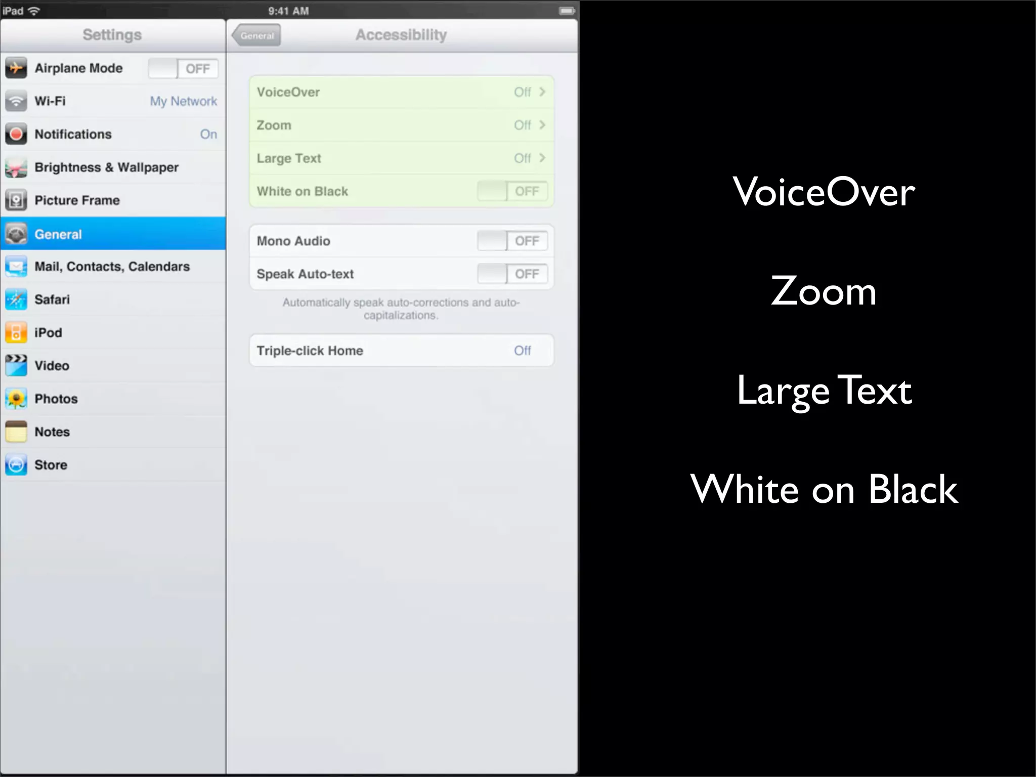 VoiceOver

                                                                 Zoom

                                                               Large Text

                                                             White on Black




http://www.apple.com/asia/ipad/features/accessibility.html
 