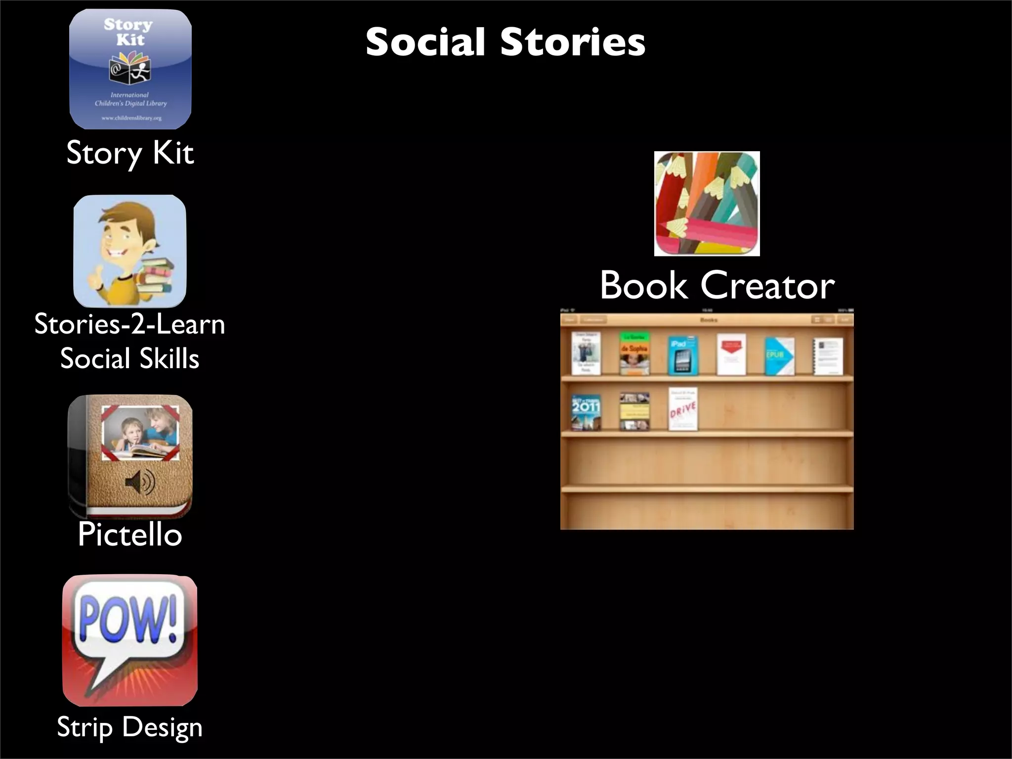 Social Stories

  Story Kit


                             Book Creator
Stories-2-Learn
  Social Skills




   Pictello




 Strip Design
 