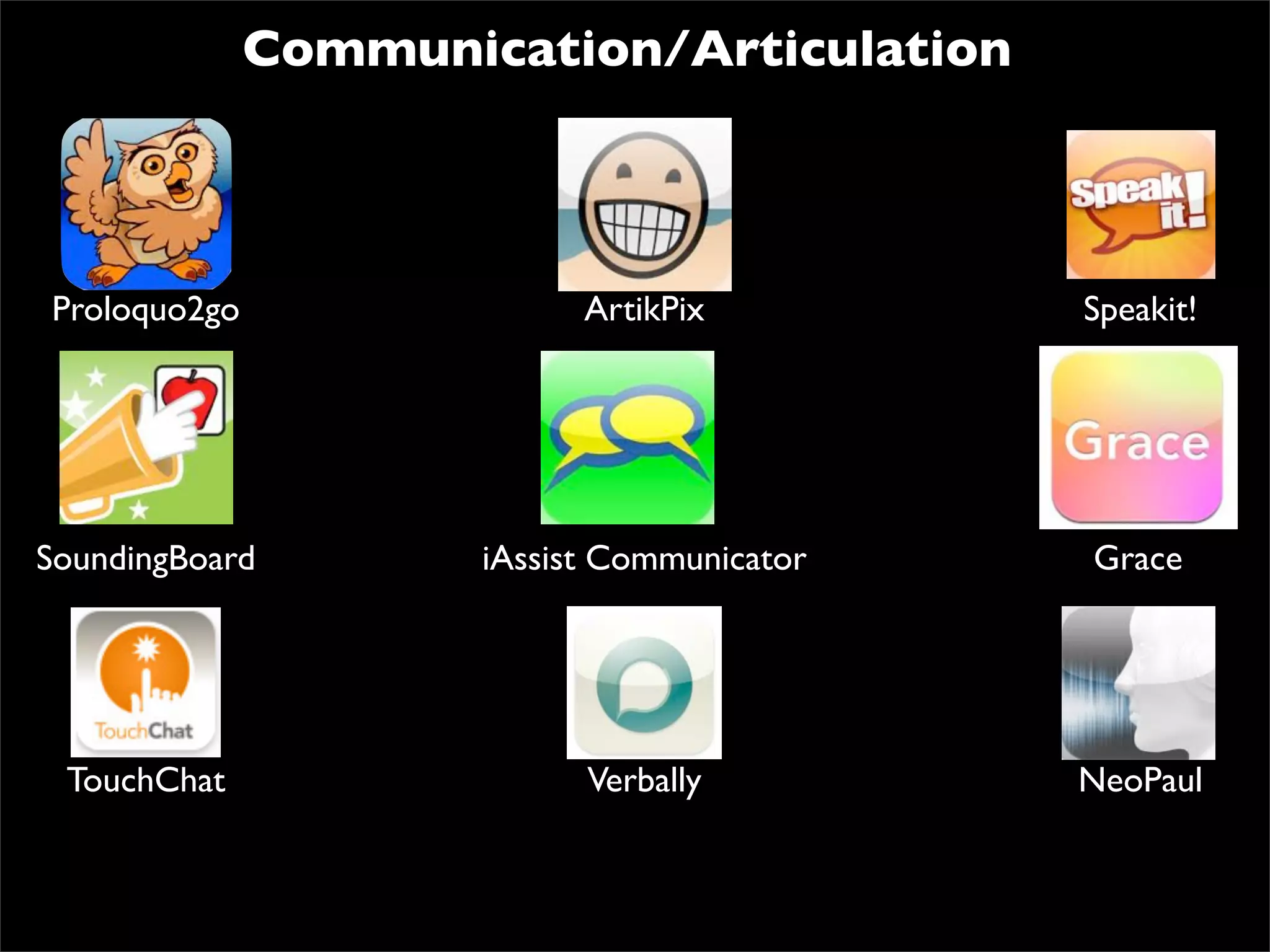 Communication/Articulation



Proloquo2go                 ArtikPix         Speakit!




SoundingBoard         iAssist Communicator   Grace




 TouchChat                  Verbally         NeoPaul
 