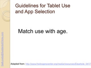 GailLovely@SuddenlyitClicks.com

Guidelines for Tablet Use
and App Selection

Match use with age.

Adapted from: http://www.fredrogerscenter.org/media/resources/Elearticle_04171

 