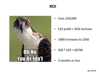 ROI
• Cost: £20,000
• £25 profit + 35% increase
• 1000 increases to 1350
• 350 * £25 = £8750
• 3 months or less
 