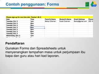 Contoh penggunaan: Forms

Pendaftaran
Gunakan Forms dan Spreadsheets untuk
menyenangkan tempahan masa untuk perjumpaan ibu
bapa dan guru atau hari kad laporan.

 