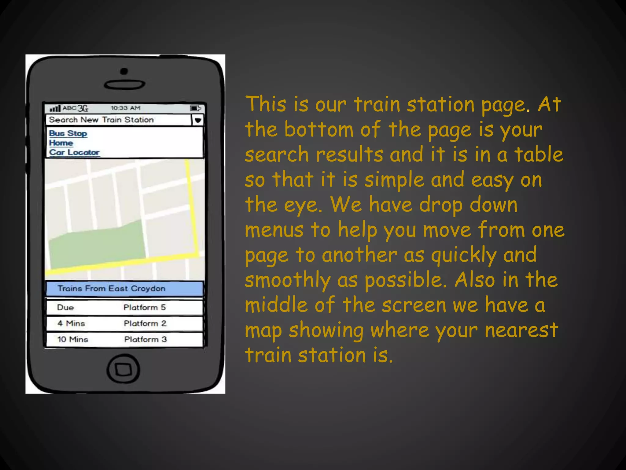 This is our train station page. At
the bottom of the page is your
search results and it is in a table
so that it is simple and easy on
the eye. We have drop down
menus to help you move from one
page to another as quickly and
smoothly as possible. Also in the
middle of the screen we have a
map showing where your nearest
train station is.
 