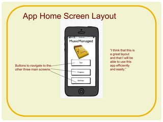 App Home Screen Layout
Buttons to navigate to the
other three main screens.
“I think that this is
a great layout
and that I will be
able to use this
app efficiently
and easily.”
 