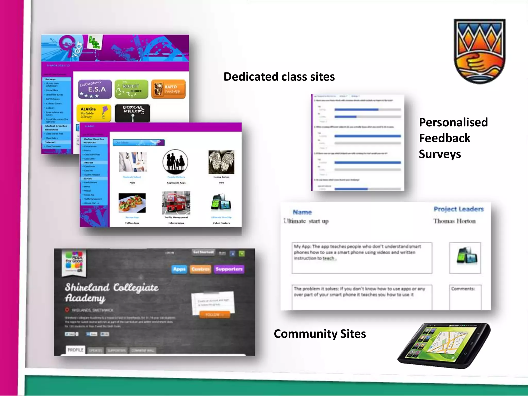 Dedicated class sites


                           Personalised
                           Feedback
                           Surveys




         Community Sites
 
