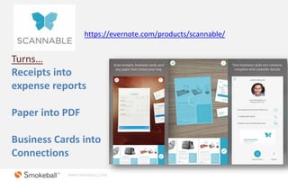 WWW.SMOKEBALL.COM
Turns…
Receipts into
expense reports
Paper into PDF
Business Cards into
Connections
https://evernote.com...