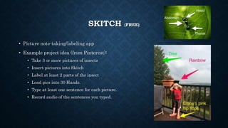 SKITCH (FREE)
• Picture note-taking/labeling app
• Example project idea (from Pinterest):
• Take 3 or more pictures of insects
• Insert pictures into Skitch
• Label at least 2 parts of the insect
• Load pics into 30 Hands.
• Type at least one sentence for each picture.
• Record audio of the sentences you typed.
 