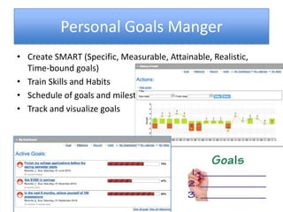 Personal Goals Manger
• Create SMART (Specific, Measurable, Attainable, Realistic,
Time-bound goals)
• Train Skills and Habits
• Schedule of goals and milestones
• Track and visualize goals
 