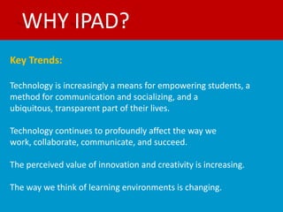 WHY IPAD?
Key Trends:

Technology is increasingly a means for empowering students, a
method for communication and socializing, and a
ubiquitous, transparent part of their lives.

Technology continues to profoundly affect the way we
work, collaborate, communicate, and succeed.

The perceived value of innovation and creativity is increasing.

The way we think of learning environments is changing.
 