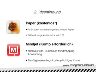 2. Ideenfindung

Paper (kostenlos*)
• Für Skizzen, Visualisierungen etc. wie auf Papier

• *Stiftwerkzeuge kosten extra, je € 1,59



Mindjet (Konto erforderlich)
• ehemals tolle, kostenlose Mindmapping-
  Anwendung

• Benötigt neuerdings kostenpﬂichtiges Konto,
 