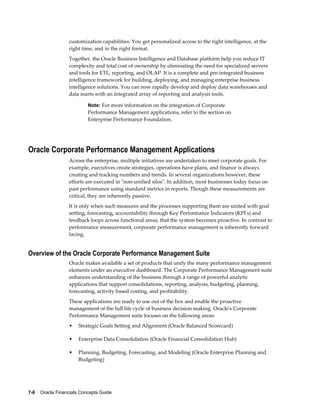 7-6    Oracle Financials Concepts Guide
customization capabilities. You get personalized access to the right intelligence, at the
right time, and in the right format.
Together, the Oracle Business Intelligence and Database platform help you reduce IT
complexity and total cost of ownership by eliminating the need for specialized servers
and tools for ETL, reporting, and OLAP. It is a complete and pre-integrated business
intelligence framework for building, deploying, and managing enterprise business
intelligence solutions. You can now rapidly develop and deploy data warehouses and
data marts with an integrated array of reporting and analysis tools.
Note: For more information on the integration of Corporate
Performance Management applications, refer to the section on
Enterprise Performance Foundation.
Oracle Corporate Performance Management Applications
Across the enterprise, multiple initiatives are undertaken to meet corporate goals. For
example, executives create strategies, operations have plans, and finance is always
creating and tracking numbers and trends. In several organizations however, these
efforts are executed in "non-unified silos". In addition, most businesses today focus on
past performance using standard metrics in reports. Though these measurements are
critical, they are inherently passive.
It is only when such measures and the processes supporting them are united with goal
setting, forecasting, accountability through Key Performance Indicators (KPI's) and
feedback loops across functional areas, that the system becomes proactive. In contrast to
performance measurement, corporate performance management is inherently forward
facing.
Overview of the Oracle Corporate Performance Management Suite
Oracle makes available a set of products that unify the many performance management
elements under an executive dashboard. The Corporate Performance Management suite
enhances understanding of the business through a range of powerful analytic
applications that support consolidations, reporting, analysis, budgeting, planning,
forecasting, activity based costing, and profitability.
These applications are ready to use out of the box and enable the proactive
management of the full life cycle of business decision making. Oracle's Corporate
Performance Management suite focuses on the following areas:
• Strategic Goals Setting and Alignment (Oracle Balanced Scorecard)
• Enterprise Data Consolidation (Oracle Financial Consolidation Hub)
• Planning, Budgeting, Forecasting, and Modeling (Oracle Enterprise Planning and
Budgeting)
 