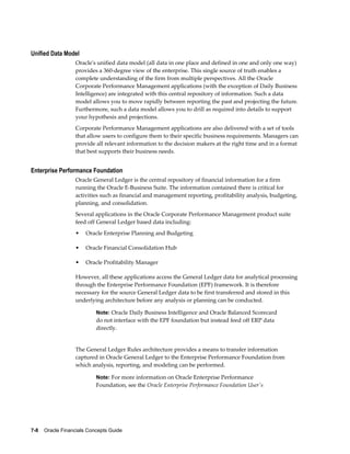 7-8    Oracle Financials Concepts Guide
Unified Data Model
Oracle's unified data model (all data in one place and defined in one and only one way)
provides a 360-degree view of the enterprise. This single source of truth enables a
complete understanding of the firm from multiple perspectives. All the Oracle
Corporate Performance Management applications (with the exception of Daily Business
Intelligence) are integrated with this central repository of information. Such a data
model allows you to move rapidly between reporting the past and projecting the future.
Furthermore, such a data model allows you to drill as required into details to support
your hypothesis and projections.
Corporate Performance Management applications are also delivered with a set of tools
that allow users to configure them to their specific business requirements. Managers can
provide all relevant information to the decision makers at the right time and in a format
that best supports their business needs.
Enterprise Performance Foundation
Oracle General Ledger is the central repository of financial information for a firm
running the Oracle E-Business Suite. The information contained there is critical for
activities such as financial and management reporting, profitability analysis, budgeting,
planning, and consolidation.
Several applications in the Oracle Corporate Performance Management product suite
feed off General Ledger based data including:
• Oracle Enterprise Planning and Budgeting
• Oracle Financial Consolidation Hub
• Oracle Profitability Manager
However, all these applications access the General Ledger data for analytical processing
through the Enterprise Performance Foundation (EPF) framework. It is therefore
necessary for the source General Ledger data to be first transferred and stored in this
underlying architecture before any analysis or planning can be conducted.
Note: Oracle Daily Business Intelligence and Oracle Balanced Scorecard
do not interface with the EPF foundation but instead feed off ERP data
directly.
The General Ledger Rules architecture provides a means to transfer information
captured in Oracle General Ledger to the Enterprise Performance Foundation from
which analysis, reporting, and modeling can be performed.
Note: For more information on Oracle Enterprise Performance
Foundation, see the Oracle Enterprise Performance Foundation User's
 
