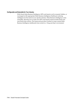 7-14    Oracle Financials Concepts Guide
Configurable and Extensible for Your Industry
With Oracle Daily Business Intelligence, KPI's and reports can be renamed, hidden, or
rearranged on the appropriate Daily Business Intelligence Dashboard, tailoring
intelligence for the needs of your specific industry. Daily Business Intelligence is also
extensible, allowing you to create new KPI's and reports, based on both Oracle and
non-Oracle data sources. The framework provides a toolset to create custom Daily
Business Intelligence dashboards from scratch in a "drag and drop" environment.
 