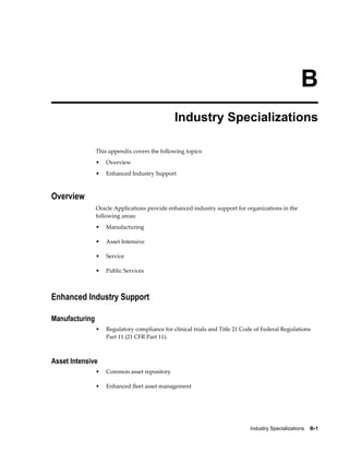 Industry Specializations    B-1
B
Industry Specializations
This appendix covers the following topics:
• Overview
• Enhanced Industry Support
Overview
Oracle Applications provide enhanced industry support for organizations in the
following areas:
• Manufacturing
• Asset Intensive
• Service
• Public Services
Enhanced Industry Support
Manufacturing
• Regulatory compliance for clinical trials and Title 21 Code of Federal Regulations
Part 11 (21 CFR Part 11).
Asset Intensive
• Common asset repository
• Enhanced fleet asset management
 