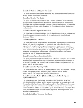    xv
Oracle Daily Business Intelligence User Guide:
This guide describes how to use the preseeded Daily Business Intelligence dashboards,
reports, and key performance indicators.
Oracle Data Librarian User Guide:
This guide describes how to use Oracle Data Librarian to establish and maintain the
quality of the Trading Community Architecture Registry, focusing on consolidation,
cleanliness, and completeness. Oracle Customer Data Librarian has all of the features in
Oracle Customers Online, and is also part of the Oracle Customer Data Management
product family.
Oracle Data Librarian Implementation Guide:
This guide describes how to implement Oracle Data Librarian. As part of implementing
Data Librarian, you must also complete all the implementation steps for Oracle
Customers Online.
Oracle E-Business Tax User Guide:
This guide describes the entire process of setting up and maintaining tax configuration
data, as well as applying tax data to the transaction line. It describes the entire
regime-to-rate setup flow of tax regimes, taxes, statuses, rates, recovery rates, tax
jurisdictions, and tax rules. It also describes setting up and maintaining tax reporting
codes, fiscal classifications, tax profiles, tax registrations, configuration options, and
third party service provider subscriptions. You also use this manual to maintain
migrated tax data for use with E-Business Tax.
Oracle E-Business Tax Implementation Guide:
This guide provides a conceptual overview of the E-Business Tax engine, and describes
the prerequisite implementation steps to complete in other applications in order to set
up and use E-Business Tax. The guide also includes extensive examples of setting up
country-specific tax requirements.
Oracle E-Business Tax Reporting Guide:
This guide explains how to run all tax reports that make use of the E-Business Tax data
extract. This includes the Tax Reporting Ledger and other core tax reports,
country-specific VAT reports, and Latin Tax Engine reports.
Oracle E-Business Tax: Vertex Q-Series and Taxware Sales/Use Tax System
Implementation Guide
This guide explains how to setup and use the services of third party tax service
providers for US Sales and Use tax. The tax service providers are Vertex Q-Series and
Taxware Sales/Use Tax System. When implemented, the Oracle E-Business Tax service
subscription calls one of these tax service providers to return a tax rate or amount
whenever US Sales and Use tax is calculated by the Oracle E-Business Tax engine. This
guide provides setup steps, information about day-to-day business processes, and a
technical reference section.
Oracle Embedded Data Warehouse User Guide:
 