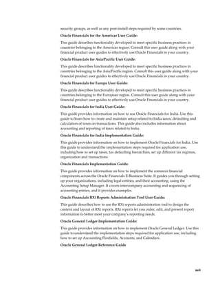     xvii
security groups, as well as any post-install steps required by some countries.
Oracle Financials for the Americas User Guide:
This guide describes functionality developed to meet specific business practices in
countries belonging to the Americas region. Consult this user guide along with your
financial product user guides to effectively use Oracle Financials in your country.
Oracle Financials for Asia/Pacific User Guide:
This guide describes functionality developed to meet specific business practices in
countries belonging to the Asia/Pacific region. Consult this user guide along with your
financial product user guides to effectively use Oracle Financials in your country.
Oracle Financials for Europe User Guide:
This guide describes functionality developed to meet specific business practices in
countries belonging to the European region. Consult this user guide along with your
financial product user guides to effectively use Oracle Financials in your country.
Oracle Financials for India User Guide:
This guide provides information on how to use Oracle Financials for India. Use this
guide to learn how to create and maintain setup related to India taxes, defaulting and
calculation of taxes on transactions. This guide also includes information about
accounting and reporting of taxes related to India.
Oracle Financials for India Implementation Guide:
This guide provides information on how to implement Oracle Financials for India. Use
this guide to understand the implementation steps required for application use,
including how to set up taxes, tax defaulting hierarchies, set up different tax regimes,
organization and transactions.
Oracle Financials Implementation Guide:
This guide provides information on how to implement the common financial
components across the Oracle Financials E-Business Suite. It guides you through setting
up your organizations, including legal entities, and their accounting, using the
Accounting Setup Manager. It covers intercompany accounting and sequencing of
accounting entries, and it provides examples.
Oracle Financials RXi Reports Administration Tool User Guide:
This guide describes how to use the RXi reports administration tool to design the
content and layout of RXi reports. RXi reports let you order, edit, and present report
information to better meet your company's reporting needs.
Oracle General Ledger Implementation Guide:
This guide provides information on how to implement Oracle General Ledger. Use this
guide to understand the implementation steps required for application use, including
how to set up Accounting Flexfields, Accounts, and Calendars.
Oracle General Ledger Reference Guide
 