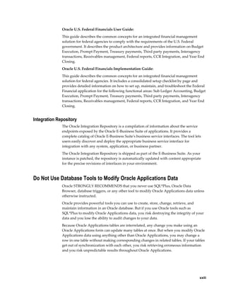     xxiii
Oracle U.S. Federal Financials User Guide:
This guide describes the common concepts for an integrated financial management
solution for federal agencies to comply with the requirements of the U.S. Federal
government. It describes the product architecture and provides information on Budget
Execution, Prompt Payment, Treasury payments, Third party payments, Interagency
transactions, Receivables management, Federal reports, CCR Integration, and Year End
Closing.
Oracle U.S. Federal Financials Implementation Guide:
This guide describes the common concepts for an integrated financial management
solution for federal agencies. It includes a consolidated setup checklist by page and
provides detailed information on how to set up, maintain, and troubleshoot the Federal
Financial application for the following functional areas: Sub Ledger Accounting, Budget
Execution, Prompt Payment, Treasury payments, Third party payments, Interagency
transactions, Receivables management, Federal reports, CCR Integration, and Year End
Closing.
Integration Repository
The Oracle Integration Repository is a compilation of information about the service
endpoints exposed by the Oracle E-Business Suite of applications. It provides a
complete catalog of Oracle E-Business Suite's business service interfaces. The tool lets
users easily discover and deploy the appropriate business service interface for
integration with any system, application, or business partner.
The Oracle Integration Repository is shipped as part of the E-Business Suite. As your
instance is patched, the repository is automatically updated with content appropriate
for the precise revisions of interfaces in your environment.
Do Not Use Database Tools to Modify Oracle Applications Data
Oracle STRONGLY RECOMMENDS that you never use SQL*Plus, Oracle Data
Browser, database triggers, or any other tool to modify Oracle Applications data unless
otherwise instructed.
Oracle provides powerful tools you can use to create, store, change, retrieve, and
maintain information in an Oracle database. But if you use Oracle tools such as
SQL*Plus to modify Oracle Applications data, you risk destroying the integrity of your
data and you lose the ability to audit changes to your data.
Because Oracle Applications tables are interrelated, any change you make using an
Oracle Applications form can update many tables at once. But when you modify Oracle
Applications data using anything other than Oracle Applications, you may change a
row in one table without making corresponding changes in related tables. If your tables
get out of synchronization with each other, you risk retrieving erroneous information
and you risk unpredictable results throughout Oracle Applications.
 