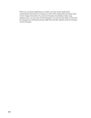 xxiv
When you use Oracle Applications to modify your data, Oracle Applications
automatically checks that your changes are valid. Oracle Applications also keeps track
of who changes information. If you enter information into database tables using
database tools, you may store invalid information. You also lose the ability to track who
has changed your information because SQL*Plus and other database tools do not keep a
record of changes.
 