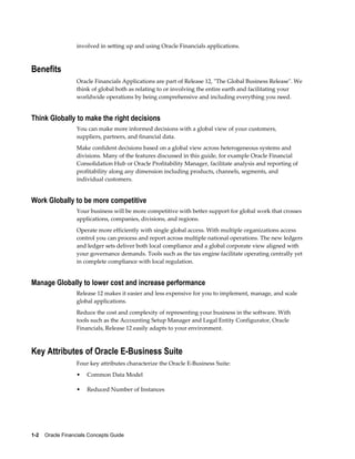 1-2    Oracle Financials Concepts Guide
involved in setting up and using Oracle Financials applications.
Benefits
Oracle Financials Applications are part of Release 12, "The Global Business Release". We
think of global both as relating to or involving the entire earth and facilitating your
worldwide operations by being comprehensive and including everything you need.
Think Globally to make the right decisions
You can make more informed decisions with a global view of your customers,
suppliers, partners, and financial data.
Make confident decisions based on a global view across heterogeneous systems and
divisions. Many of the features discussed in this guide, for example Oracle Financial
Consolidation Hub or Oracle Profitability Manager, facilitate analysis and reporting of
profitability along any dimension including products, channels, segments, and
individual customers.
Work Globally to be more competitive
Your business will be more competitive with better support for global work that crosses
applications, companies, divisions, and regions.
Operate more efficiently with single global access. With multiple organizations access
control you can process and report across multiple national operations. The new ledgers
and ledger sets deliver both local compliance and a global corporate view aligned with
your governance demands. Tools such as the tax engine facilitate operating centrally yet
in complete compliance with local regulation.
Manage Globally to lower cost and increase performance
Release 12 makes it easier and less expensive for you to implement, manage, and scale
global applications.
Reduce the cost and complexity of representing your business in the software. With
tools such as the Accounting Setup Manager and Legal Entity Configurator, Oracle
Financials, Release 12 easily adapts to your environment.
Key Attributes of Oracle E-Business Suite
Four key attributes characterize the Oracle E-Business Suite:
• Common Data Model
• Reduced Number of Instances
 