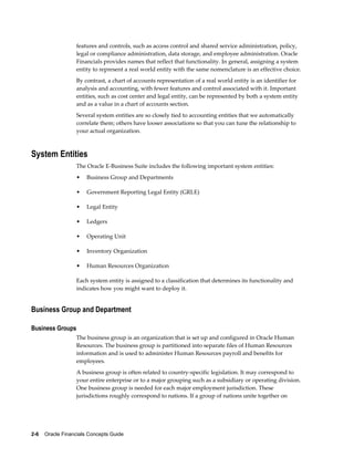 2-6    Oracle Financials Concepts Guide
features and controls, such as access control and shared service administration, policy,
legal or compliance administration, data storage, and employee administration. Oracle
Financials provides names that reflect that functionality. In general, assigning a system
entity to represent a real world entity with the same nomenclature is an effective choice.
By contrast, a chart of accounts representation of a real world entity is an identifier for
analysis and accounting, with fewer features and control associated with it. Important
entities, such as cost center and legal entity, can be represented by both a system entity
and as a value in a chart of accounts section.
Several system entities are so closely tied to accounting entities that we automatically
correlate them; others have looser associations so that you can tune the relationship to
your actual organization.
System Entities
The Oracle E-Business Suite includes the following important system entities:
• Business Group and Departments
• Government Reporting Legal Entity (GRLE)
• Legal Entity
• Ledgers
• Operating Unit
• Inventory Organization
• Human Resources Organization
Each system entity is assigned to a classification that determines its functionality and
indicates how you might want to deploy it.
Business Group and Department
Business Groups
The business group is an organization that is set up and configured in Oracle Human
Resources. The business group is partitioned into separate files of Human Resources
information and is used to administer Human Resources payroll and benefits for
employees.
A business group is often related to country-specific legislation. It may correspond to
your entire enterprise or to a major grouping such as a subsidiary or operating division.
One business group is needed for each major employment jurisdiction. These
jurisdictions roughly correspond to nations. If a group of nations unite together on
 