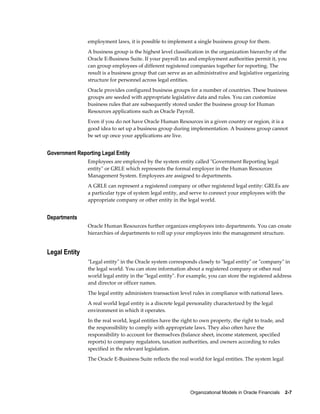 Organizational Models in Oracle Financials    2-7
employment laws, it is possible to implement a single business group for them.
A business group is the highest level classification in the organization hierarchy of the
Oracle E-Business Suite. If your payroll tax and employment authorities permit it, you
can group employees of different registered companies together for reporting. The
result is a business group that can serve as an administrative and legislative organizing
structure for personnel across legal entities.
Oracle provides configured business groups for a number of countries. These business
groups are seeded with appropriate legislative data and rules. You can customize
business rules that are subsequently stored under the business group for Human
Resources applications such as Oracle Payroll.
Even if you do not have Oracle Human Resources in a given country or region, it is a
good idea to set up a business group during implementation. A business group cannot
be set up once your applications are live.
Government Reporting Legal Entity
Employees are employed by the system entity called "Government Reporting legal
entity" or GRLE which represents the formal employer in the Human Resources
Management System. Employees are assigned to departments.
A GRLE can represent a registered company or other registered legal entity: GRLEs are
a particular type of system legal entity, and serve to connect your employees with the
appropriate company or other entity in the legal world.
Departments
Oracle Human Resources further organizes employees into departments. You can create
hierarchies of departments to roll up your employees into the management structure.
Legal Entity
"Legal entity" in the Oracle system corresponds closely to "legal entity" or "company" in
the legal world. You can store information about a registered company or other real
world legal entity in the "legal entity". For example, you can store the registered address
and director or officer names.
The legal entity administers transaction level rules in compliance with national laws.
A real world legal entity is a discrete legal personality characterized by the legal
environment in which it operates.
In the real world, legal entities have the right to own property, the right to trade, and
the responsibility to comply with appropriate laws. They also often have the
responsibility to account for themselves (balance sheet, income statement, specified
reports) to company regulators, taxation authorities, and owners according to rules
specified in the relevant legislation.
The Oracle E-Business Suite reflects the real world for legal entities. The system legal
 