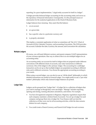 Organizational Models in Oracle Financials    2-9
reporting. In a pure implementation, "a legal entity accounts for itself in a ledger".
A ledger provides balanced ledger accounting for the accounting entity and serves as
the repository of financial information. Consequently, it is the principal source of
information for the analytical applications in the Oracle E-Business Suite.
Ledger balances have meaning - they assert that the balance:
1. on an account
2. at a given date
3. has a specific value in a particular currency and
4. is properly calculated.
This implies a consistent application of what we sometimes call "the 4 Cs": Chart of
Accounts (COA), Calendar, Currency, and accounting Convention. The COA provides
the account; Calendar the date; Currency the amount; and Convention the calculation.
Multiple Ledgers
Of course, you will need different currency and parent company GAAP representations
of your overseas operations. One way to achieve this is to use multiple ledgers for an
accounting entity.
An accounting entity can account for itself in ledgers that are prepared under different
conventions with different charts of accounts, and value transactions in different
currencies. One of the ledgers is the 'primary' ledger. The accounting for a subledger
transaction can be set up so that multiple ledgers are populated according to different
rules and in different currencies. You choose the appropriate accounting according to
your needs.
When using a second ledger, you can elect to use an "all the detail" philosophy in which
detailed transactions are posted to General Ledger. You might prefer to use a "just what
matters" philosophy where only General Ledger balances are posted.
Ledger Sets
Ledgers can be grouped into "Ledger Sets". A Ledger Set is a collection of ledgers that
you wish to manage as though they were one ledger. "Manage" includes reporting,
opening and closing, running allocation calculations, and entries. For example:
• You have 26 registered companies in Regmany. Regmany regulations require that
each company maintains a distinct book of accounts. You set up a Ledger for each
company and group them into a Ledger Set. Your finance staff can treat the
collection as if they were one for all accounting activities, while the data remains
distinct for each company.
• You could create a Parent Currency and Parent GAAP ledger for each overseas
 