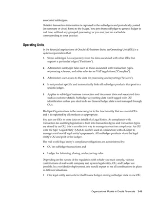 Organizational Models in Oracle Financials    2-11
associated subledgers.
Detailed transaction information is captured in the subledgers and periodically posted
(in summary or detail form) to the ledger. You post from subledger to general ledger in
real time, without any grouped processing, or you can post on a schedule
corresponding to your practice.
Operating Units
In the financial applications of Oracle's E-Business Suite, an Operating Unit (OU) is a
system organization that:
1. Stores subledger data separately from the data associated with other OUs that
support a particular ledger ("Partitions").
2. Administers subledger rules such as those associated with transaction types,
sequencing schemes, and other sales tax or VAT regulations ("Complies").
3. Administers user access to the data for processing and reporting ("Secures").
4. Is not product specific and automatically links all subledger products that post to a
specific ledger.
5. Applies to subledger business transaction and document data and associated data
such as customer details. Subledger accounting data is not tagged with OU
identification unless you elect to do so. General ledger data is not managed through
OUs.
Multiple Organizations is the name we give to the functionality that surrounds OUs
and it is exploited by all products as appropriate.
You can use OUs to store data on behalf of a Legal Entity. As compliance with
transaction tax auditing legislation is built into transaction types and transaction types
are stored by an OU, this is an effective way to manage transaction compliance. An OU
with the type "Legal Entity" (OU/LE) is often used in conjunction with a Ledger to
manage a real world legal entity's paperwork. All subledger products share the legal
entity's OU and post to the Ledger.
The real world legal entity's compliance obligations are administered by:
• OU on subledger transactions and
• Ledger for balancing, closing, and reporting rules.
Depending on the nature of the regulation with which you must comply, various
combinations of real world company and system legal entity, OU, and Ledger are
possible. In a worldwide deployment, one would expect to see all combinations in place
in different situations.
• One legal entity accounts for itself in one Ledger storing subledger data in one OU.
 