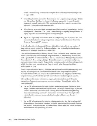 2-12    Oracle Financials Concepts Guide
This is a normal setup for a country or region that closely regulates subledger data
by legal entity.
• Several legal entities account for themselves in one Ledger storing subledger data in
one OU, and use the Chart of Accounts balancing segment to produce financial
statements for each legal entity. This is a normal setup for a country or region that
regulates a group of companies as a whole.
• A legal entity or group of legal entities account for themselves in one Ledger storing
subledger data in several OUs. This is a normal setup for a group doing business in
highly regulated industries in a given country or region.
• A part of a legal entity accounts for itself in a ledger using one or several OUs. This
is a normal situation for a large corporation using several instances or Enterprise
Resource Planning (ERP) systems.
System legal entities, Ledgers, and OUs are defined in relationship to one another. A
legal entity accounts for itself in the Primary Ledger and optionally in other ledgers,
and stores its subledger data in one or more OUs.
OUs are often identified with security. In the Oracle E-Business Suite, users are given
access to the data they handle though "responsibilities". A responsibility is associated
with a specific OU, or with several OUs - this is a feature called "Multiple Organizations
Access Control". By securing subledger data in this way users can access and process
transaction information only for the particular operating unit or set of operating units to
which they have been granted access. They view only what they need and have
authorization to view.
This is very fundamental security. The Oracle E-Business Suite incorporates many other
security models specific to circumstances that match the usage and deployment
requirement needs that you have for those circumstances, and integrate with Multiple
Organizations Access Control to provide comprehensive and appropriate security.
OUs can be used to model autonomous organizational units that create financial
transactions. You create, process, and report on subledger financial data within the
context of an OU.
• Use an OU when you need to keep the data of one organization distinct - at arms
length - from the data of another organization. You might have the right to prevent
a state's transaction tax auditor from viewing the transactions of a neighboring
state; consider storing each state's transactions in separate OUs. This right often
exists when the states are independent nations, but seldom when they are
federated.
• Use an OU when you need to comply with transaction tax law that is substantially
different (more than just the tax rates) to similar laws in neighboring state. You can
use product "transaction types" to create similar transactions that follow different
documentation and processing practices.
 