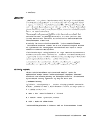 Organizational Models in Oracle Financials    2-15
as mandatory.
Cost Center
Cost Center is a focal point for a department's expenses. You might use the cost center
to track "the Finance Department". In cases where labor is the most important element
of expense, cost centers in your chart of accounts and the HR "Department" discussed
earlier will refer to the same business unit in the real world. The Oracle E-Business Suite
includes the ability to keep them synchronized. There are some important differences in
the way you want them to behave.
When an employee leaves, you'd like HR to update the records immediately. But
continuing expenses, if any, should be accounted for in the same cost center. If the
employee was a manager, the resulting reorganization might not be reflected in the
financial statements for some time.
Accordingly, the creation and maintenance of HR Departments and Ledger Cost
Centers can be synchronized. However, we facilitate different update paths. Approval
and expenses associated with employees are automatically associated with the cost
center that relates to their HR department.
Many customers exploit naming conventions and ranges to facilitate the combination of
individual cost centers in local companies into a worldwide view of similar cost centers.
Ledger security includes a facility to control accounting access by ranges within chart of
account segments that can be deployed usefully in this context.
Many customers also use cost centers, rather than natural accounts, to aggregate
functional expense types such as "Research and Development" or "Finance".
Balancing Segment
We previously discussed Balancing Segment in the context of Ledgers and
representations of Legal Entities. A Balancing Segment is a segment of the chart of
account that forces balancing, meaning that the Ledger will calculate a receivable and
payable between balancing segments for any entry that crosses them.
Example of 'Balancing'
My New York Division (01) ships to a California Division (03) customer. The entry as
drafted is Credit 01-Sales, Debit 03, Receivables from Customer. The entry is posted as:
• Credit 01, New York Sales
• Debit 01, New York Receivable from 03, California
• Credit 03, California Payable to 01, New York
• Debit 03, Receivable from Customer
This facilitates the preparation of full balance sheet and income statements for each
 