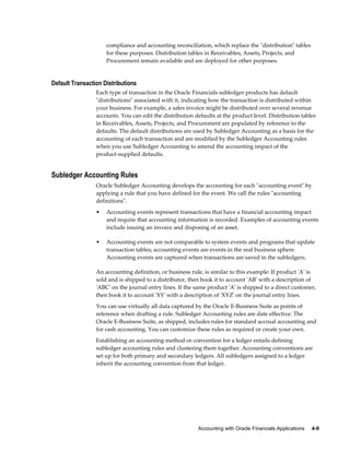 Accounting with Oracle Financials Applications     4-9
compliance and accounting reconciliation, which replace the "distribution" tables
for these purposes. Distribution tables in Receivables, Assets, Projects, and
Procurement remain available and are deployed for other purposes.
Default Transaction Distributions
Each type of transaction in the Oracle Financials subledger products has default
"distributions" associated with it, indicating how the transaction is distributed within
your business. For example, a sales invoice might be distributed over several revenue
accounts. You can edit the distribution defaults at the product level. Distribution tables
in Receivables, Assets, Projects, and Procurement are populated by reference to the
defaults. The default distributions are used by Subledger Accounting as a basis for the
accounting of each transaction and are modified by the Subledger Accounting rules
when you use Subledger Accounting to amend the accounting impact of the
product-supplied defaults.
Subledger Accounting Rules
Oracle Subledger Accounting develops the accounting for each "accounting event" by
applying a rule that you have defined for the event. We call the rules "accounting
definitions".
• Accounting events represent transactions that have a financial accounting impact
and require that accounting information is recorded. Examples of accounting events
include issuing an invoice and disposing of an asset.
• Accounting events are not comparable to system events and programs that update
transaction tables; accounting events are events in the real business sphere.
Accounting events are captured when transactions are saved in the subledgers.
An accounting definition, or business rule, is similar to this example: If product 'A' is
sold and is shipped to a distributor, then book it to account 'AB' with a description of
'ABC' on the journal entry lines. If the same product 'A' is shipped to a direct customer,
then book it to account 'XY' with a description of 'XYZ' on the journal entry lines.
You can use virtually all data captured by the Oracle E-Business Suite as points of
reference when drafting a rule. Subledger Accounting rules are date effective. The
Oracle E-Business Suite, as shipped, includes rules for standard accrual accounting and
for cash accounting. You can customize these rules as required or create your own.
Establishing an accounting method or convention for a ledger entails defining
subledger accounting rules and clustering them together. Accounting conventions are
set up for both primary and secondary ledgers. All subledgers assigned to a ledger
inherit the accounting convention from that ledger.
 