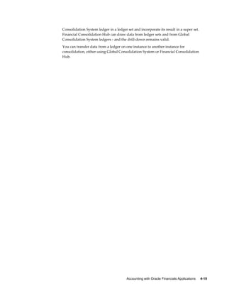 Accounting with Oracle Financials Applications     4-19
Consolidation System ledger in a ledger set and incorporate its result in a super set.
Financial Consolidation Hub can draw data from ledger sets and from Global
Consolidation System ledgers - and the drill-down remains valid.
You can transfer data from a ledger on one instance to another instance for
consolidation, either using Global Consolidation System or Financial Consolidation
Hub.
 