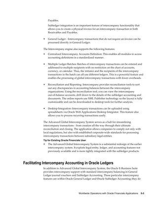 Worldwide Operations with Oracle Financials Applications    5-3
Payables.
Subledger integration is an important feature of intercompany functionality that
allows you to create a physical invoice for an intercompany transaction in both
Receivables and Payables.
• General Ledger - Intercompany transactions that do not require an invoice can be
processed directly in General Ledger.
The Intercompany engine also supports the following features:
• Centralized Intercompany Accounts Definition: This enables all modules to access
accounting definitions in a standardized manner.
• Multiple Ledger Batches: Batches of intercompany transactions can be entered and
addressed to multiple recipients with no restriction on the chart of accounts,
currency, or calendar. Thus, the initiator and the recipients of the intercompany
transactions in the batch can all use different ledgers. This is a powerful feature and
enables the processing of global intercompany transactions with fewer overheads.
• Reconciliation and Reporting: Intercompany provides reconciliation tools to sort
out any discrepancies in accounting balances between the intercompany
organizations. Using the reconciliation tool, you can view the intercompany
out-of-balance accounts, drill down to the details of the subledger accounting and
documents. The online reports use XML Publisher technology so the layout is fully
customizable and can be downloaded to desktop tools for further analysis.
• Desktop Integration: Intercompany transactions can be uploaded using
spreadsheets via Oracle Web Applications Desktop Integrator. This feature also
allows you to process recurring transactions easily.
The Advanced Global Intercompany System serves as a hub for streamlining
intercompany transactions - from creation all the way through their ultimate
reconciliation and closing. The application allows companies to comply not only with
local regulations, but also with established corporate-wide standards for processing
intercompany transactions between subsidiary legal entities.
Tip for Existing Oracle Financials User
• The Advanced Global Intercompany System is a substantial redesign of the earlier
intercompany system. It exploits legal entity, ledger, and accounting features not
previously available and is more tightly integrated with the subledger products.
Facilitating Intercompany Accounting in Oracle Ledgers
In addition to Advanced Global Intercompany System, the Oracle E-Business Suite
provides intercompany support with standard intercompany balancing in General
Ledger journal vouchers and Subledger Accounting. These particular intercompany
features are within Oracle General Ledger and Oracle Subledger Accounting; they do
 